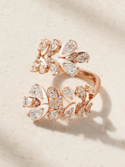 Flora 18-karat Rose Gold, Diamond And Enamel Ring