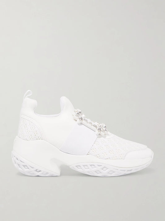 Viv Run Crystal-embellished Mesh And Leather Slip-on Sneakers