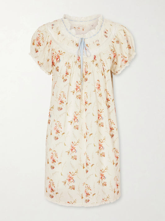 Daphne Lace-trimmed Pintucked Floral-print Organic Cotton-voile Mini Dress