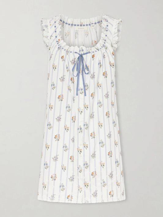 Nessie Embroidered Striped Floral-print Organic Cotton Mini Dress