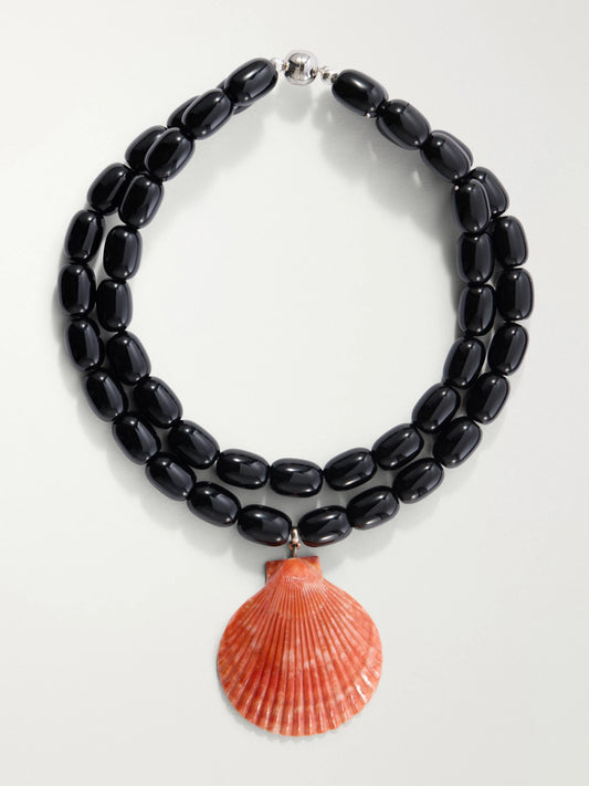 Luma Rhodium-pleated, Onyx, Shell And Resin Beaded Necklace