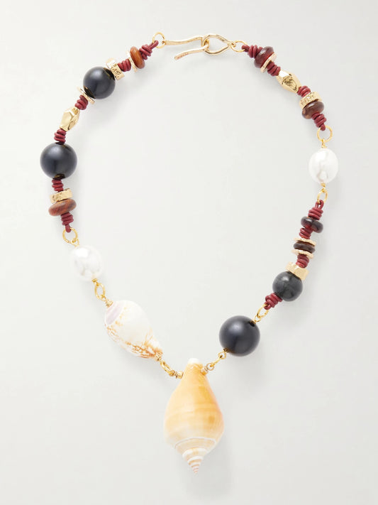 Tohum Samsara Gold-plated, Onyx, Leather And Seashell Beaded Necklace