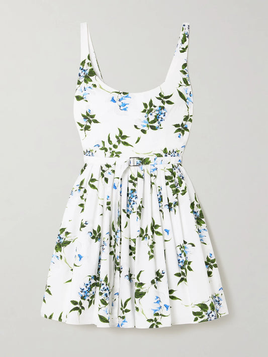 Eglantine Belted Gathered Floral-print Cotton-poplin Mini Dress
