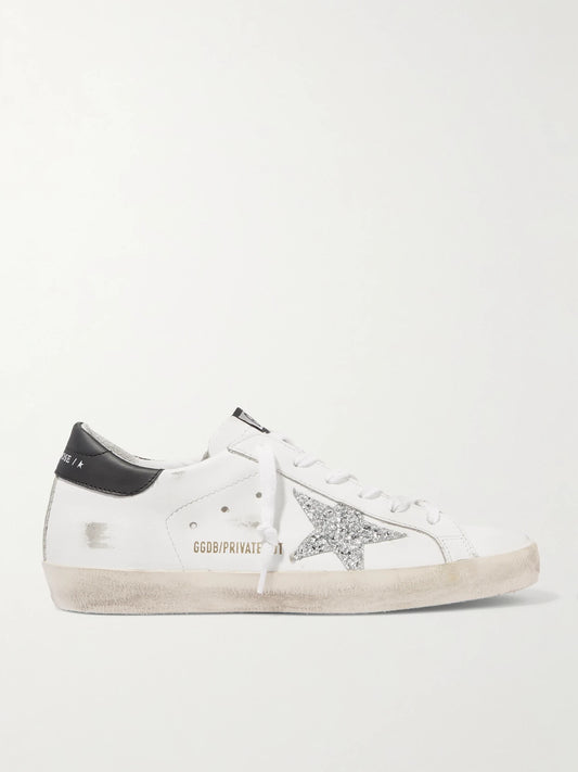 Superstar Distressed Glittered Leather Sneakers
