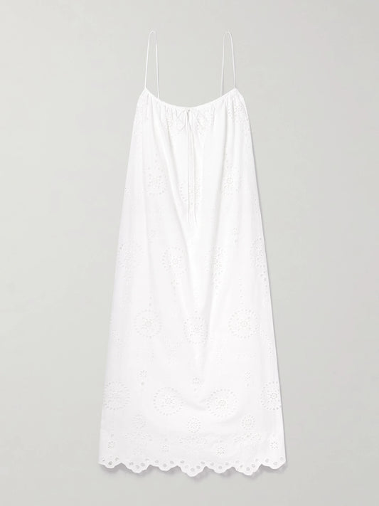 Tie-detailed Scalloped Broderie Anglaise Cotton Midi Dress