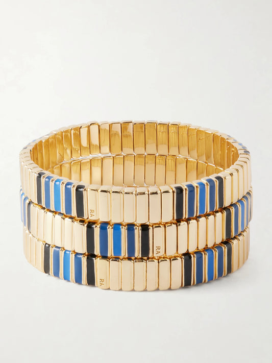 Very Well Done Snaked Set Of Three Gold-tone And Enamel Bracelets