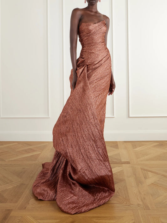 Marmar Halim Strapless Draped Brocade Wrap Gown