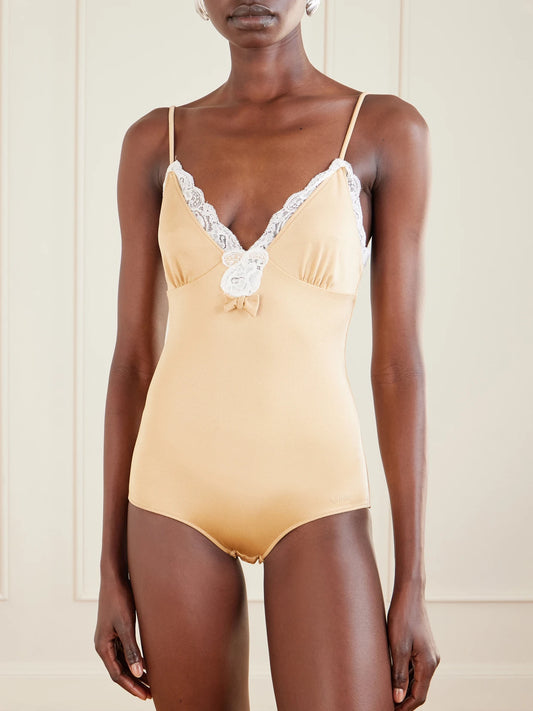Bow-detailed Lace-trimmed Stretch-jersey Bodysuit