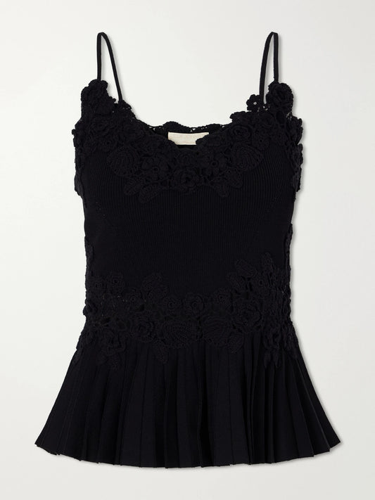Estelle Pleated Crochet-trimmed Ribbed Jersey Tank