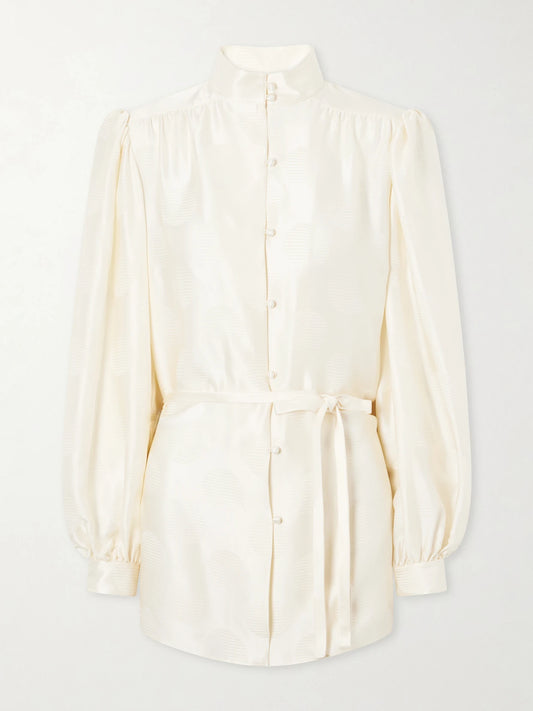 Belted Polka-dot Silk-jacquard Blouse