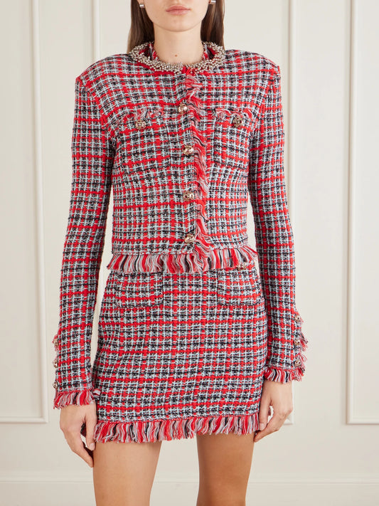 Self-Portrait Embellished Cotton And Wool-blend Bouclé-knit Frayed Jacket