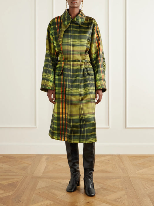 Dries Van Noten Belted Checked Duchess-satin Coat