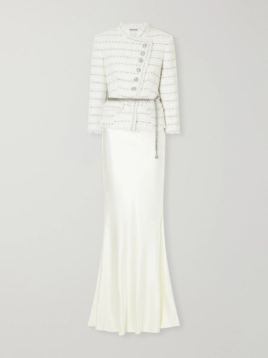 Self-Portrait Belted Satin And Bouclé Maxi Dress