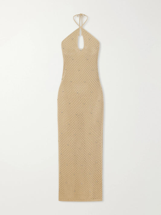 Isola Embellished Crocheted Cotton Halterneck Maxi Dress