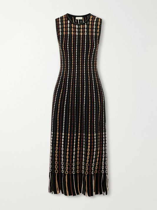 Ulla Johnson Amina Fringe-trimmed Stripe-inlain Wool-blend Midi Dress