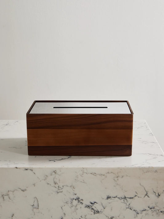 Christofle Uni Walnut And Stainless Steel Tissue Box