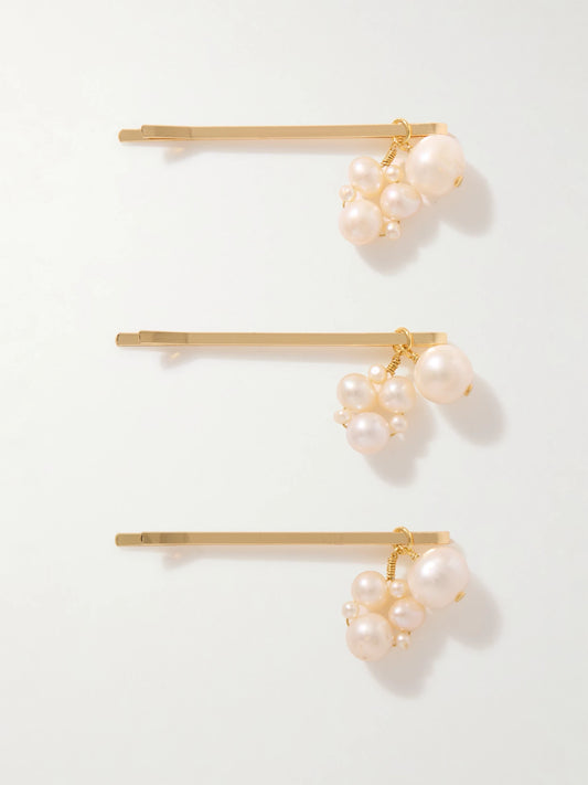 Set Of Three Gold-plated Pearl Hair Clips