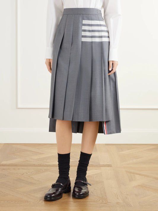 Thom Browne Pleated 4-bar Woven Wool Midi-skirt