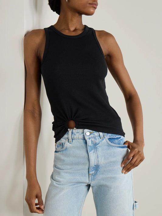 Embellished Gathered Ribbed Stretch-cotton Jersey Tank