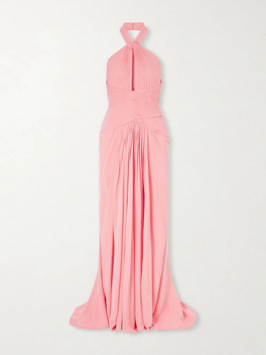 Pleated Silk-georgette Halterneck Gown