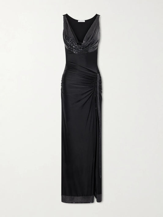 Mesh-detailed Jersey-satin Maxi Dress