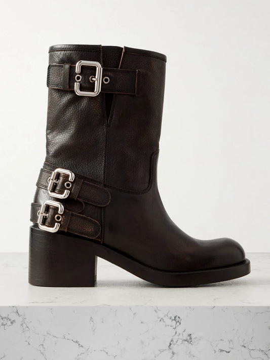 Buckled Textured-leather Ankle Boots