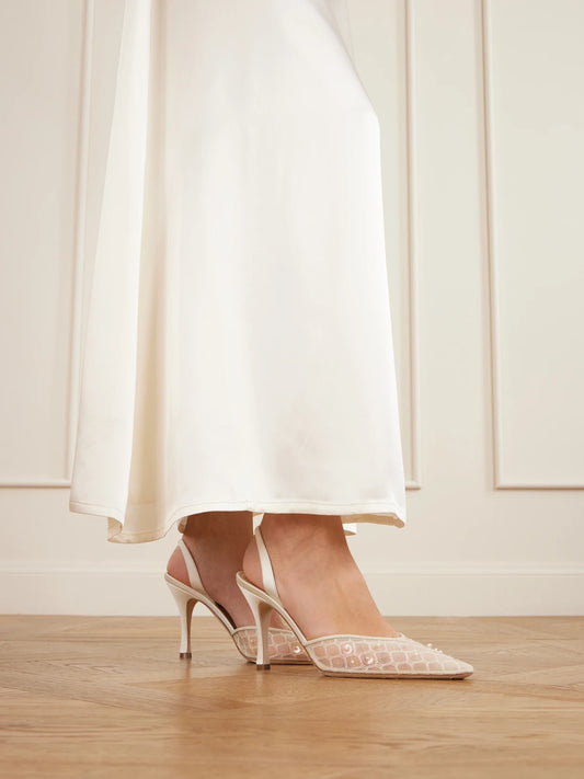 Archer Embellished Satin-trimmed Mesh Slingback Pumps