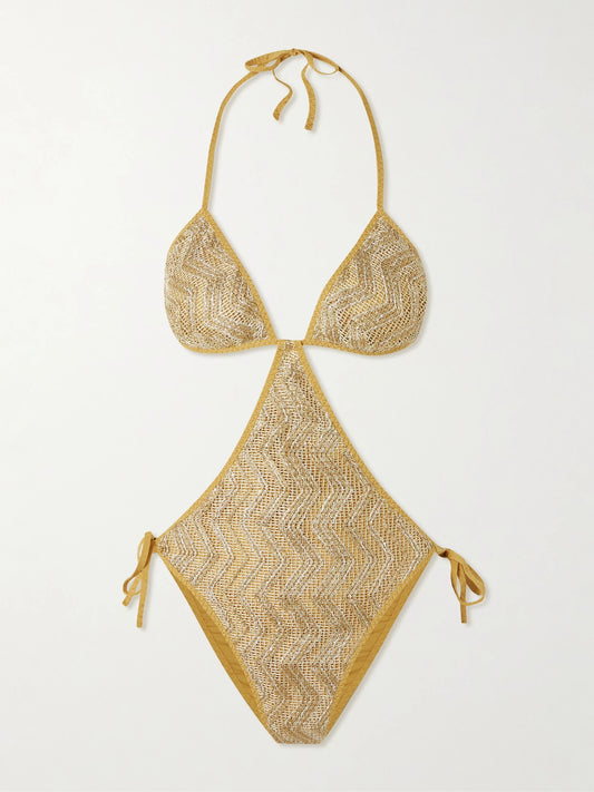 Mare Cutout Sequin-embellished Striped Metallic Crochet-knit Swimsuit