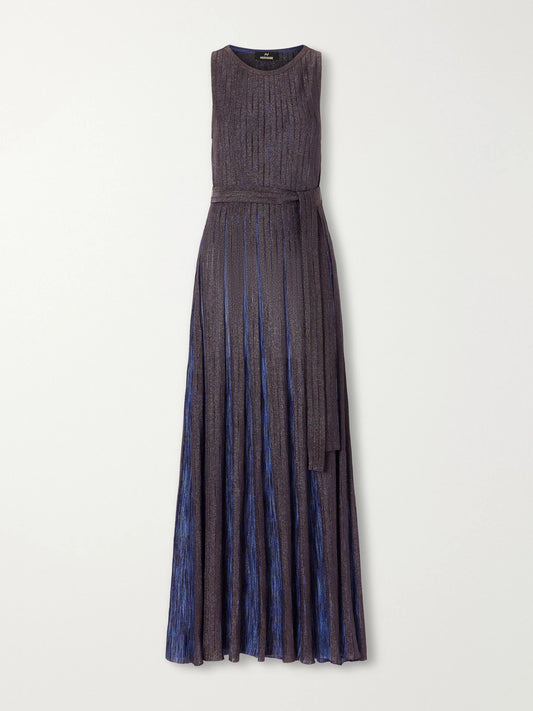 Missoni Pleated Belted Metallic Crochet-knit Maxi Dress