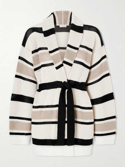 Belted Open-knit Striped Cotton Cardigan