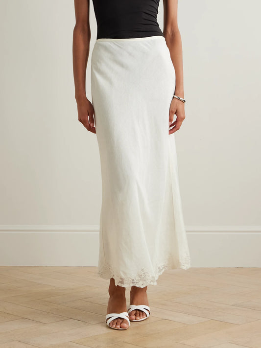 Crystal Lace-trimmed Linen-blend Midi Skirt