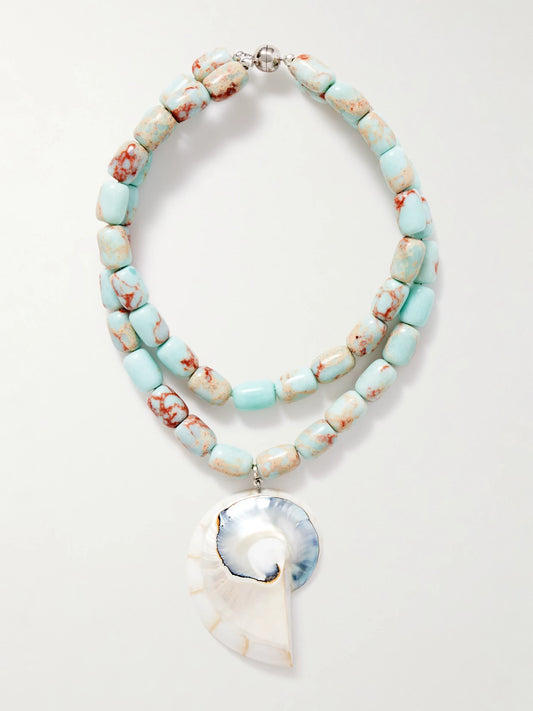 Nautilus Rhodium-plated, Resin, Agate And Shell Necklace