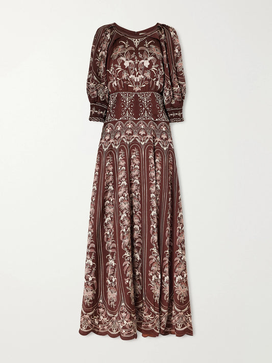 Farm Rio Liz Scalloped Printed Satin Maxi Dress