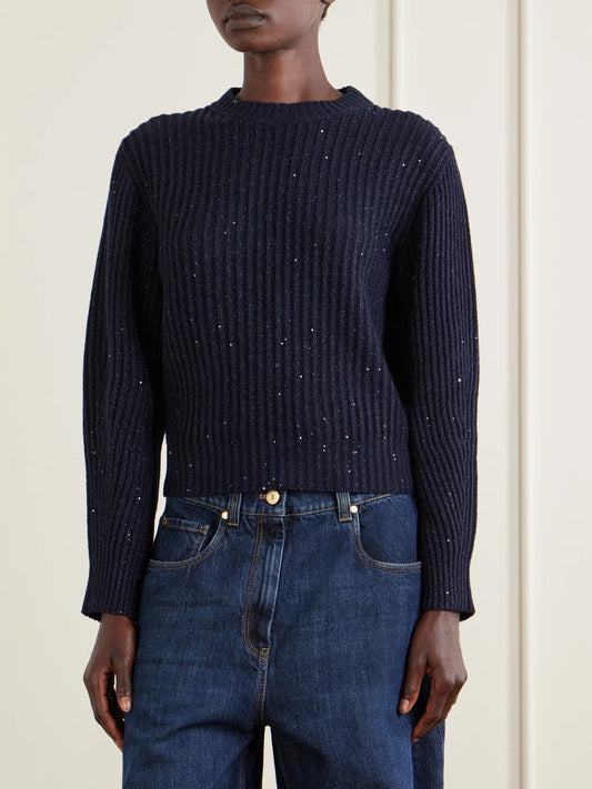 Sequin-trimmed Ribbed-knit Sweater