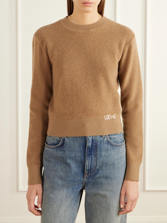 LOEWE Logo-embroidered Cropped Wool-terry Sweater