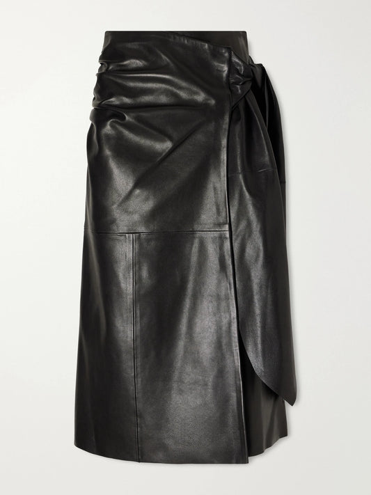 Nour Hammour Viret Knotted Paneled Leather Midi Skirt