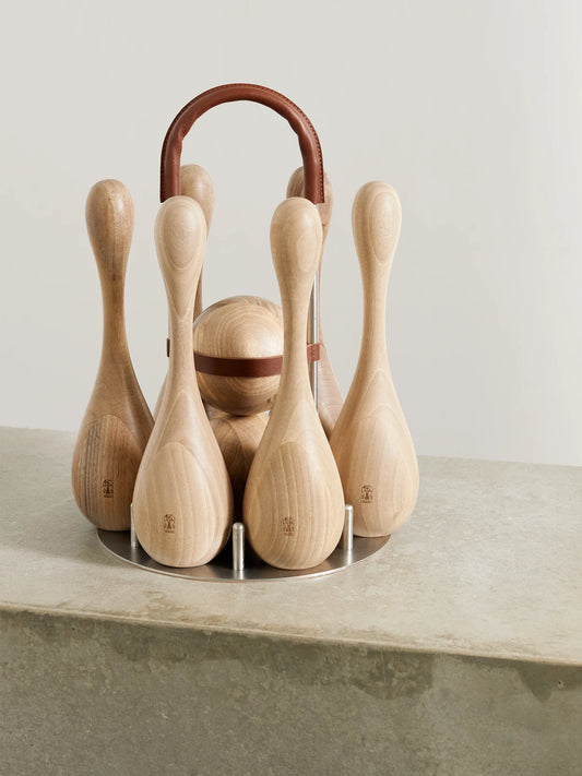 Leather-trimmed Wood Skittles Set