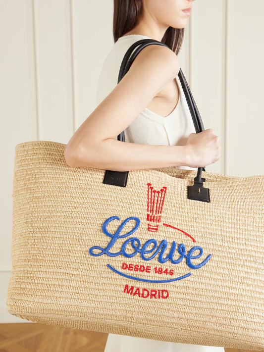 Verano Embroidered Leather-trimmed Raffia Tote