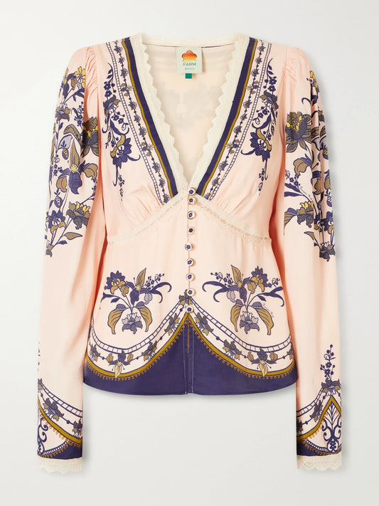 Farm Rio Liz Floral-print Lace-trimmed Crepe De Chine Blouse