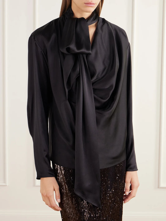Balmain Scarf-detailed Gathered Silk-satin Blouse