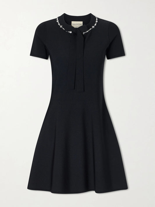 Bow-detailed Embellished Jersey Mini Dress