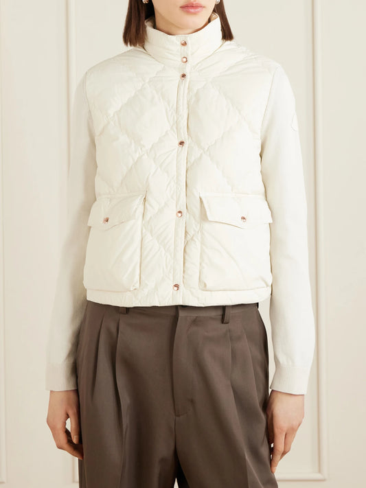 Cropped Knitted And Padded Quilted Shell Down Cardigan