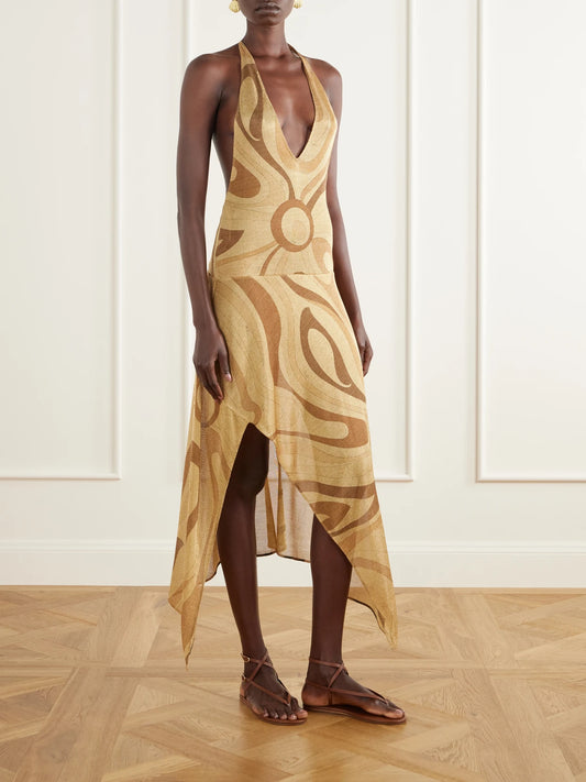 PUCCI Asymmetric Embellished Printed Mesh Halterneck Midi Dress