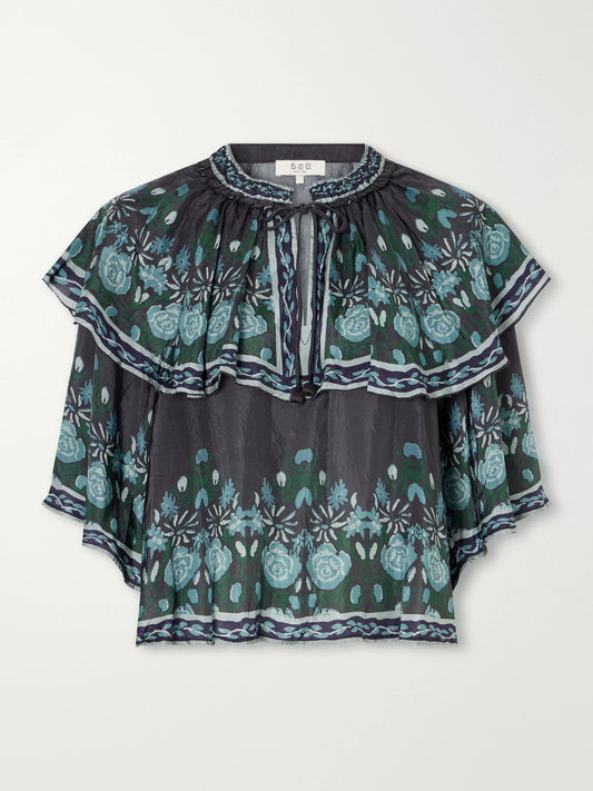 Sea Tulla Cape-detailed Printed Habotai Blouse