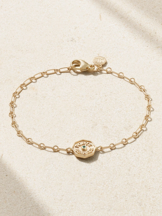 Wee Porte Bonheur Coin 14-karat Gold Emerald Bracelet