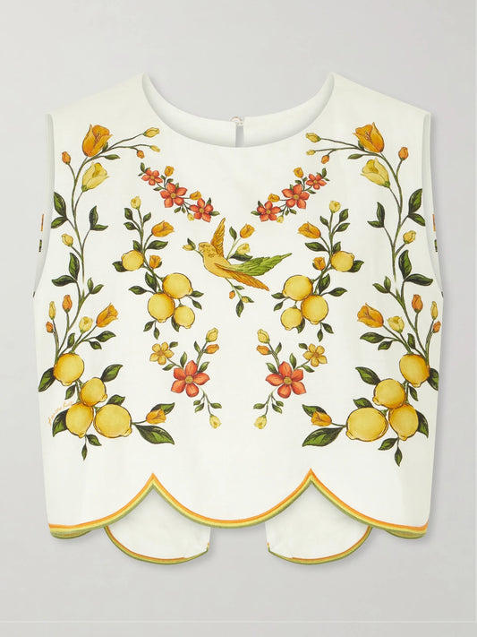 Lemon Bouquet Embroidered Linen-blend Blouse
