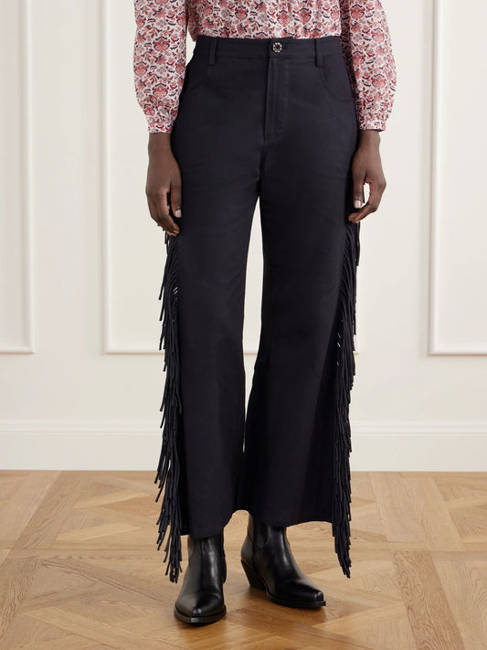 ALIX OF BOHEMIA Bunny Onyx Fringed Cotton-gabardine Straight-leg Pants
