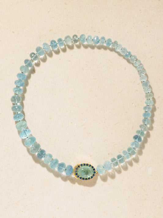 Ileana Makri 18-karat Gold, Aquamarine, Tourmaline And Blue Diamond Beaded Necklace
