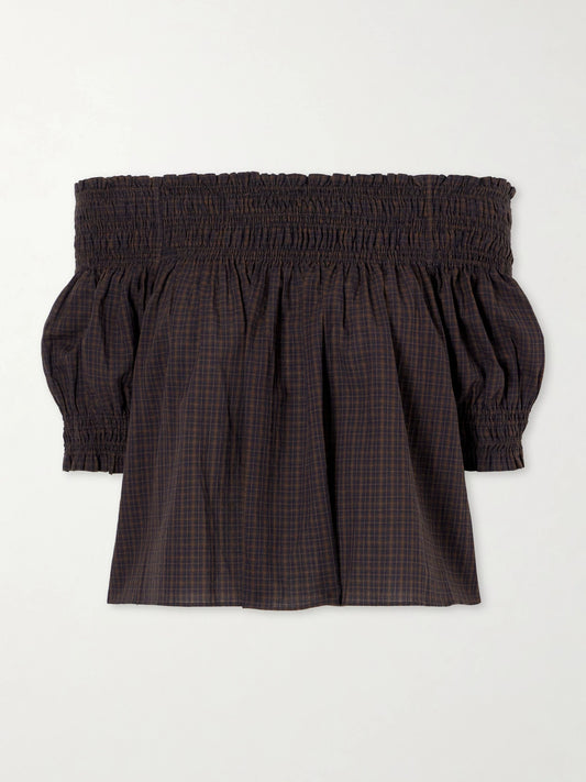 Shirred Off-the-shoulder Checked Cotton Blouse