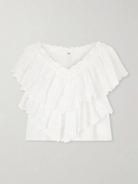 Cropped Ruffled Broderie Anglaise Cotton Top